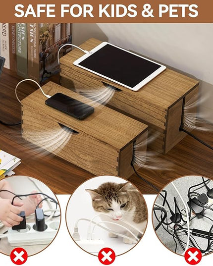 KIRIGEN Cable Management Box Wooden Cord Organizer Hide Power Strip Desk Wires Protector for Home Office TV Computer (DXH2T-DBR)