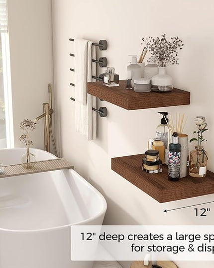 12 Inch Deep Floating Shelves, 16 x 12 Floating Shelf for Books, Rustic Wood Deep Wall Shelves for Home Storage & Display, 2" Thicked Shelves for Kitchen, Living Room, Bedroom, Walnut Color, 2 Pack