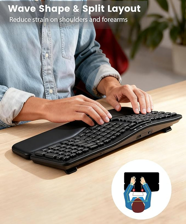 XUANGUI Silent Wireless Computer Keyboard and Mouse Combo with Magnetic Wrist Rest, Ergonomic Cordless Full Size Key Board and 4800 DPI Quiet Mice Set for PC Laptop Tablet, Office and Home Use