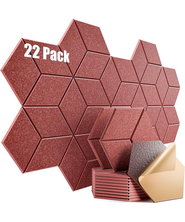 22 Pack Self-Adhesive Acoustic Panels 12" X 10" X 0.4" - Sound Proof Foam Panels with High Density, Y-Lined Design, Flame Resistant, Absorb Noise and Eliminate Echoes(Red)