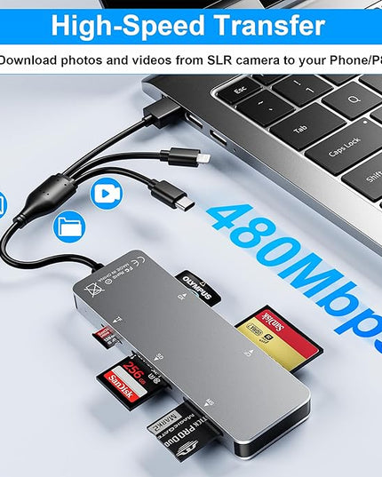 Memory Stick pro Duo Adapter 5-in-1 Multi Memory Card Reader Supports SD/TF/CF/MS/XD Picture Card for PC/USB-C/iPhone, Lightning+USB A+USB C Memory Stick pro Duo Reader for iPhone