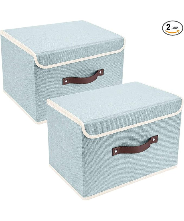 TYEERS Collapsible Storage Boxes, Washable Fabric Storage Bins with Lids, 14.9x9.8x9.8 inches, 2 Pack, Aqua Spring