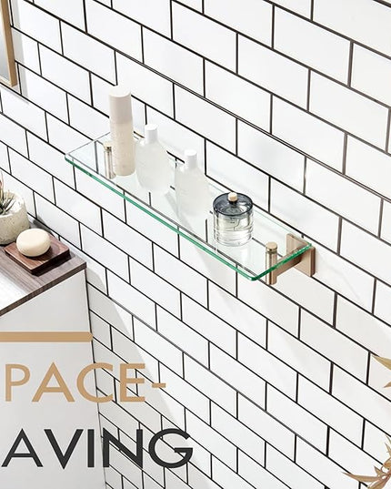 KOKOSIRI Wall Shelves Bathroom Hardware Tempered Glass Floating Shelf Hanging Rack Storage/Room Decor 20-Inch Champagne Bronze 2 Pack B1105CPG-L20-P2