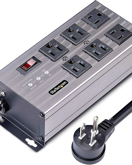 StarTech.com Flat Plug 6-Outlet Heavy Duty Industrial Power Strip 125V/15A with Surge Protector, EMI/RFI Isolation, Mountable PDU, 8ft/2.4m Extension Power Cord, NEMA 5-15P/R, TAA