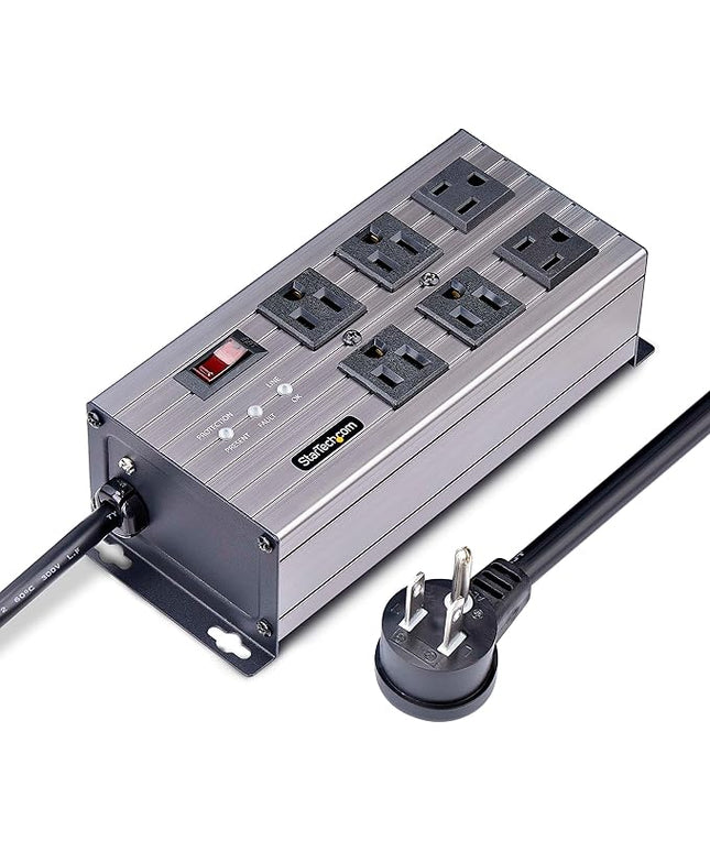 StarTech.com Flat Plug 6-Outlet Heavy Duty Industrial Power Strip 125V/15A with Surge Protector, EMI/RFI Isolation, Mountable PDU, 8ft/2.4m Extension Power Cord, NEMA 5-15P/R, TAA