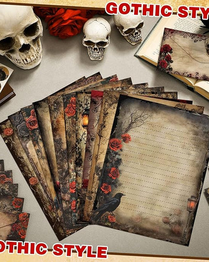 TaoBary 160 Pcs Stationery Paper Set 50 Double Sided Stationery Papers with 50 Matching Envelopes and 60 Round Dot Sticker, 10 Design(Gothic Style,8.5 x 11 Inch)