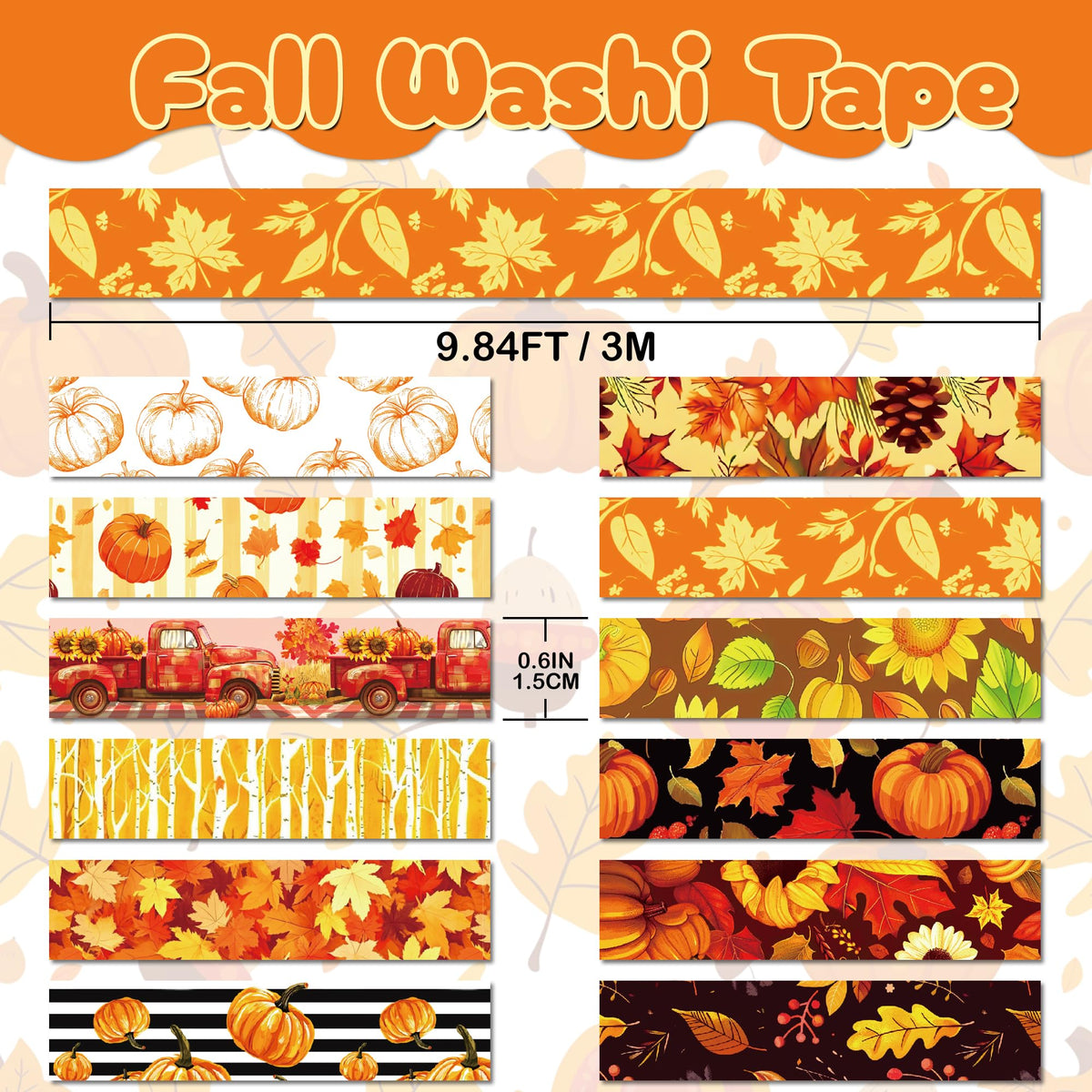 NIKOMIE Fall Washi Tape Set,12 Rolls Autumn Leaves Decorative Tape Pumpkin Maple Leaves Gnome Sunflower Thanksgiving Masking Tape for Journaling Supplies, Junk Journal, Scrapbooking, DIY Arts & Crafts