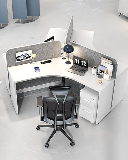 SAINTCY 3 Person Office Cubicle Desk Workstation with Drawers & Built-in Power Outlets, Adjustable Wall Partitions, Layouts for Startups and Modern Workspaces