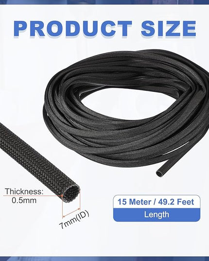 uxcell Insulation Cable Protector,7mm/0.28 Inch-15m/49 Feet High Temp Fiberglass Sleeve Black