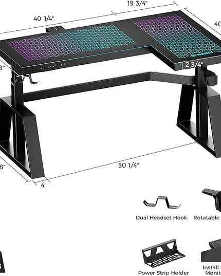 EUREKA ERGONOMIC Standing Desk,Gaming Table,Glass RGB Desks, Height Adjustable Computer 60 Inch L Shaped Corner Desk Music Studio Desk Workstation w Type-C Port,Cup Headset Holder,APP Control,Right