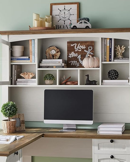 OKD 60" L Shaped Executive Desk with Hutch and Drawers, Farmhouse Home Office Desk with Charging Station, File Cabinet Storage, Wood Corner Computer Desk for Work and Study, Antique White