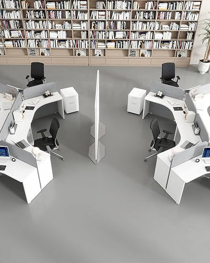 SAINTCY 3 Person Office Cubicle Desk Workstation with Drawers & Built-in Power Outlets, Adjustable Wall Partitions, Layouts for Startups and Modern Workspaces