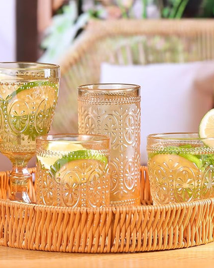 Amber Glassware set of 4, Vintage Drinking Glasses, 10oz Heavy Duty Glass Cups, Colored Glassware Set, Embossed Glasses Set for Party Wedding Home Office Gift