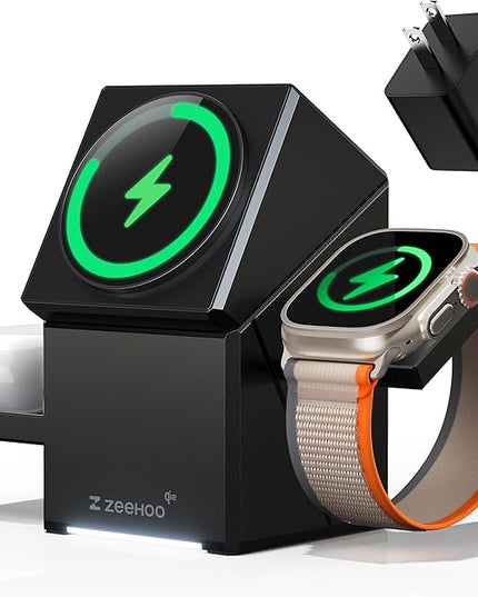 ZEEHOO 3 in 1 Charging Station, iPhone Charging Station for Apple MagSafe Charger, Qi2 Certified, 15W Fast Wireless Charger, for Apple Watch, for iPhone 17,16 15,14,13,12 Series, AirPods (Black)