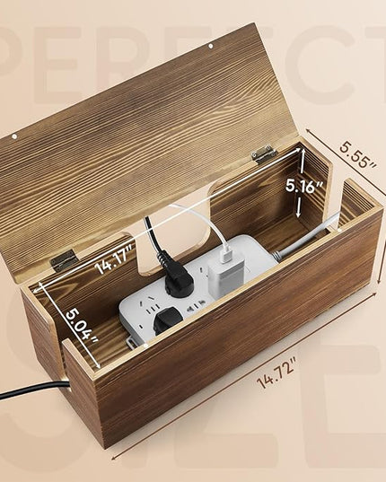 Large Cable Management Box - Burnt Wood Cable Organizer Box and Power Strip Box for Electrical Cord Management - Hide Desk Cord and Floor Cables - Wire Storage and Organization for Cords