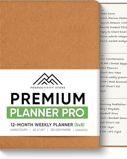 PRODUCTIVITY STORE Pro - Undated, 2026 Planner, 5.8” x 8.3” - The #1 Productivity Planner to Achieve Your 2026 Goals - Planner 2026-2027 - Brown - A5