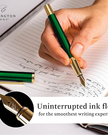 Ellington Pens Luxury Fountain Pen Set - Smooth Fine Nib - Includes 3 Ink Cartridges, Refillable Ink Converter, Box - Fountain Pens For Writing, Calligraphy, Journaling, Sketching (Emerald Enigma)