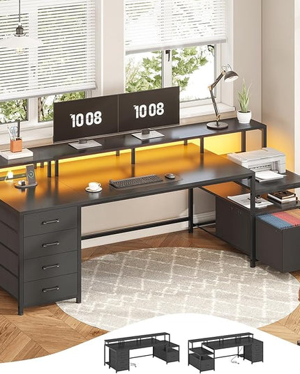 SEDETA 75'' Computer Desk with 5 Drawer, Power Outlet & Led Lights, Home Office Desk with File Drawer, Storage Shelves, Printer Cabinet and Monitor Shelf, 23.6" W Large Desktop Gaming Desk, Black