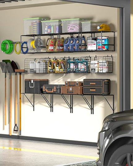 Garage Shelf Wall Mounted with Wire baskets, Heavy Duty Garage Wall Shelving with Garden Tool Rack and Hooks, Wire Shelf Baskets Tool Organizer for Home Garden Yard Organization and Storage
