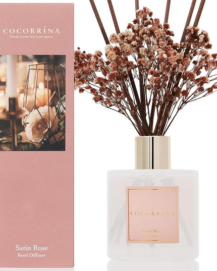 Cocorrína Reed Diffuser Sets- Satin Rose Scented Diffuser with Sticks Home Fragrance Reed Diffuser for Bathroom Shelf Decor
