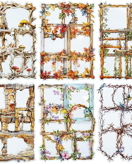 AuriicLeaf Vintage Wooden Frame PET Sticker Set, 60PCS Retro Aesthetic Scrapbook Stickers for Journaling, DIY Crafts, and Decorative Art Supplies