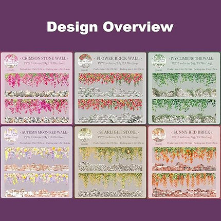 MiyouLuna 6 Rolls Flower Wall PET Tape Set, Seamless Floral Brick Stone Stickers for Journaling, DIY Crafts, Planner, Scrapbook Supplies with Clip, Waterproof and Decorative