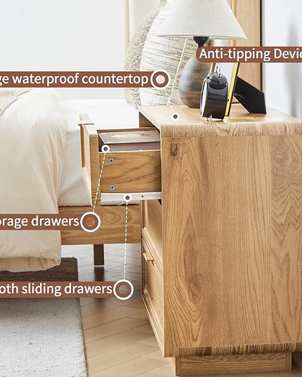 Modern Nightstand Set of 2 for Bedroom, 26'' Wide Wood 3 Drawers Bedside Table, Large Dresser w/Curved Profile Design, Side Table, End Table with Storage Drawers for Living Room, Entryway, Natural