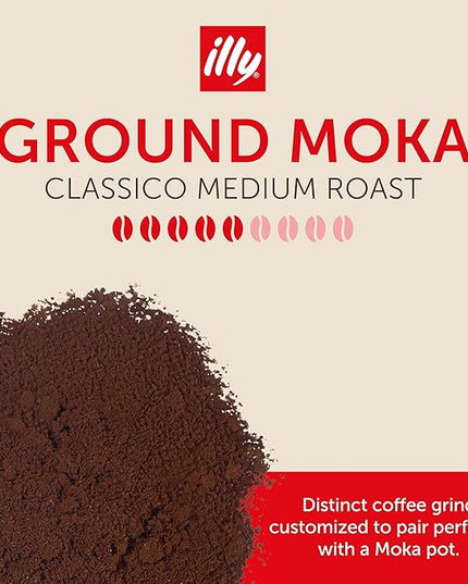 illy Ground Moka Coffee, Classico Medium Roast, 100% Arabica, Premium Italian Coffee, Pre-Ground for Moka Pot or Stovetop Brewing, 8.8oz, 6 Pack