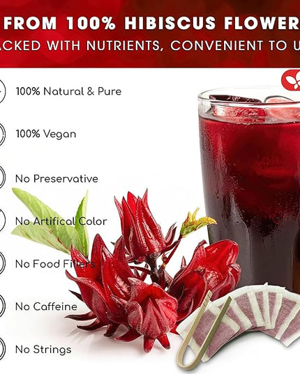 FreshDrinkUS, Premium 30 Hibiscus Flowers Tea Bags, 100% Natural & Pure from Hibiscus Flowers. Loose Flower Herbal Tea. No Sugar, No Caffeine, No Gluten, Vegan.