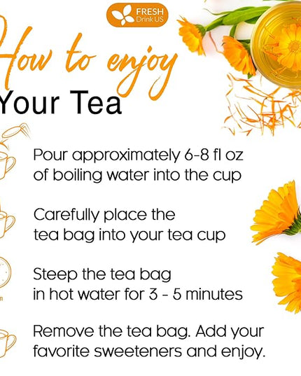 FreshDrinkUS, Premium 135 Calendula Tea Bags, 100% Natural and Pure Calendula Flowers, Eco-conscious Tea Bags. Herbal Tea. No Sugar, No Caffeine, No Gluten, Vegan.
