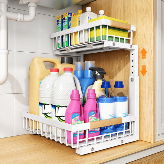 PXRACK Under Sink Organizer, Adjustable Height, 2 Tier Pull Out Under Cabinet Organizer, Slide Out Thickened Metal Under Sink Storage for Kitchen Bathroom Laundry Pantry Cabinet, White, Large-1-Pack