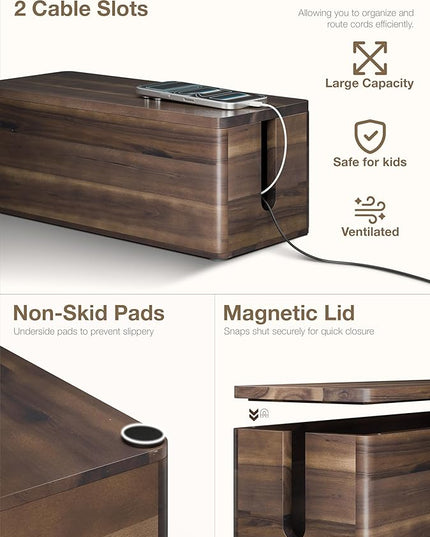 Acacia Large Cable Management Box - Set of 2 Cord Box Hider for Office - Cable Hider Box, Surge Protector Box for TV Wires, Desk - Power Strip Box with 2 Open Slots, Magnetic Lid (Walnut color)
