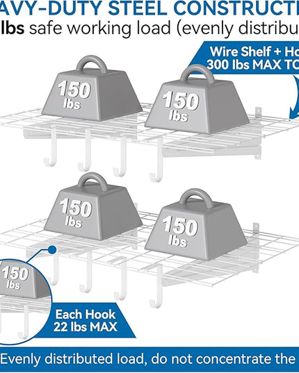 2-Pack 2x3ft Garage Wall Shelving, 24"x36" Shelf Storage Rack Floating Shelves Wall Mounted, Heavy Duty Storage Shelves, 800lbs Load Capacity, with 16 Hooks for Garage Organization, White