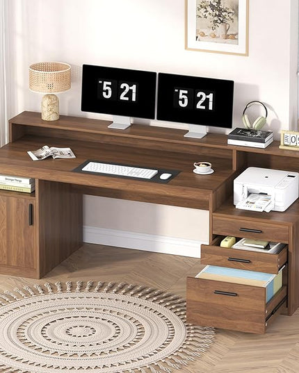 Computer Desk with 3 Drawers & Storage Shelves, 65 Inch Home Office Desk with File Drawer & Cabinet, Writing Study Desks with Monitor Stand & Printer Shelf, Executive Desk, Brown