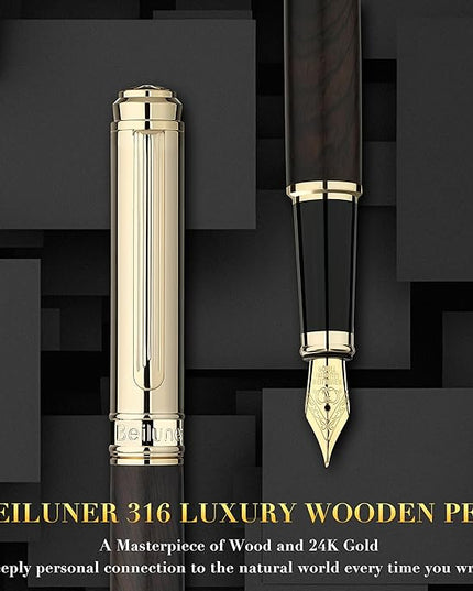 BEILUNER 316 Fountain Pen,Stunning Luxury Blackwood,24K Gilded Nib(Fine),Gorgeous 24K Gold Finish, Ink Converter,Fancy Gift for Men&Women-Elegant,Executive,Graduation Pens for Writing, BK-F