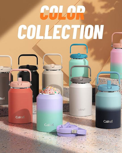 64 oz Insulated Water Bottle with Flip Straw, Vacuum Insulated Stainless Steel Jug with Top Handle, Leak-Proof Lid, Sweat-Free, Wide Mouth, Keeps Ice Cold up to 34 Hours