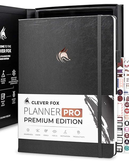 Clever Fox Planner Pro Premium – Luxurious Weekly & Monthly Planner with Budget Organizer for Productivity & Goals, Undated, A4 (Silver Black)
