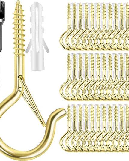 100 Pack Screw-in Hooks for Outdoor String Lights, Q Hanger Hooks for Outside, Swivel Hanging Basket Patio Hook with Safe Buckle, Plant Eye Hook for Wall Ceiling with 1 Wing Nut Driver, Gold