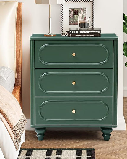 3 Drawer Fluted Dresser for Bedroom Set of 2, Mid Century Modern Chest of Drawers, Wood Storage Small Dresser Organizer for Bedroom Living Room Hallway Closet, Green