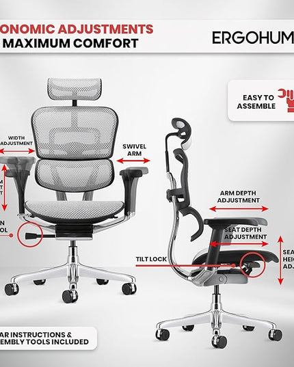 Ergohuman Eurotech ME7ERG GEN2 High Back Mesh Office Chair with Tilt Tension Control, Tilt Lock, Back Angle, Back Height, Synchro Tilt, Seat Height, Seat Depth, and Arm Height Adjustments, Grey