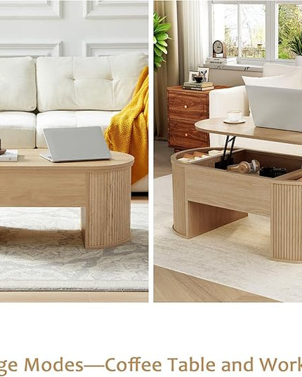 QHITTY Fluted Coffee Table with Lifting Top, Oval Wood Lift Top Coffee Table with Hidden Compartment, Mid Century Pull up Center Tables for Living Room, Office - Natural
