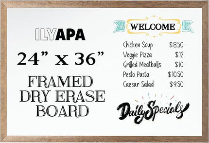 Ilyapa Extra Large Dry Erase Board for Wall - Wood Framed Magnetic White Board - 24 x 36 Inches Decorative Wall Hanging Menu Whiteboard - Brown