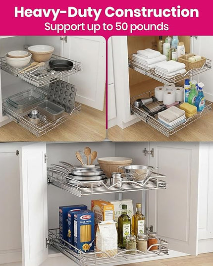 HOLDN’ STORAGE Two Tier Pull Out Cabinet Organizer, Individual Sliding Drawers - Heavy Duty Metal with Lifetime Limited Warranty - Anti Rust Chrome Finish - 24" W x 21”D x 16.5" H
