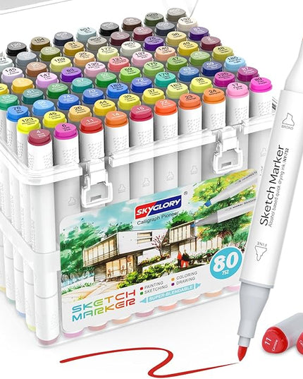 80 color liquor base mark, double pointed (chisel and fine) permanent painting mark, suitable for adult coloring books, sketches, illustrations, with transparent box