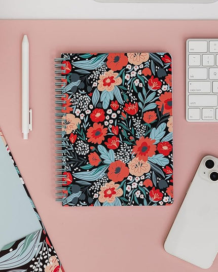 Steel Mill & Co Cute Red/Blue Mini Spiral Notebook, 8.25" x 6.25" Journal with Durable Hardcover and 160 Lined Pages, Folk Floral