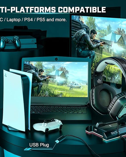 EKSA E1000 USB Gaming Headset for PC, Computer Headphones with Microphone/Mic Noise Cancelling, 7.1 Surround Sound, RGB Light - Wired Headphones for PS4, PS5 Console, Laptop, Call Center