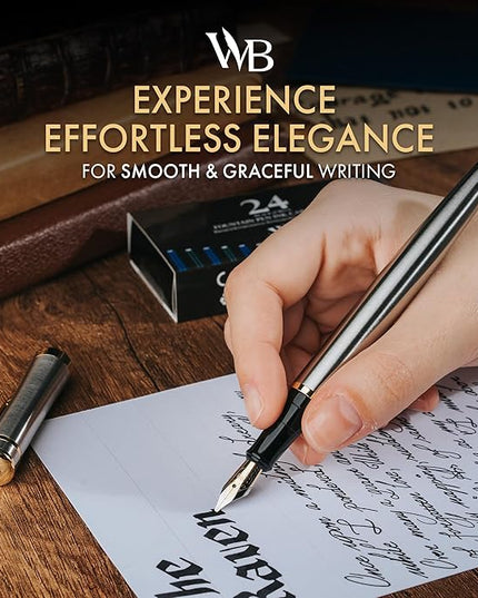 Wordsworth & Black Fountain Pen Set, 18K Gilded Broad Nib, Includes 6 Pack Ink Cartridges, Ink Refill Converter & Gift Box, Gold Finish, Calligraphy, [Silver Gold], Perfect for Men & Women