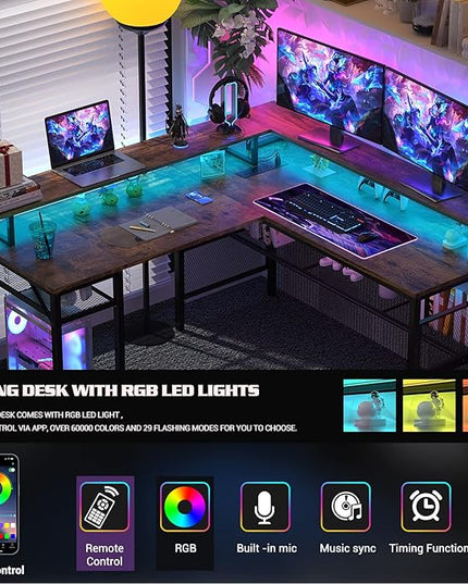 Unikito L Shaped Desk with LED Light and Power Outlet, Reversible Corner Computer Table with Monitor Stand and Storage Shelf, Modern L- Shaped Gaming Desk, Ergonomic Home Office Desk, Rustic Brown