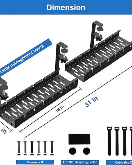 No Drilling Extendable Under Desk Cable Management, Metal Cable Management Tray Under Desk with Clamp, Retractable Power Strip Cord Holder for Wire Management 31Inch (1 Pack Black or white random 31')