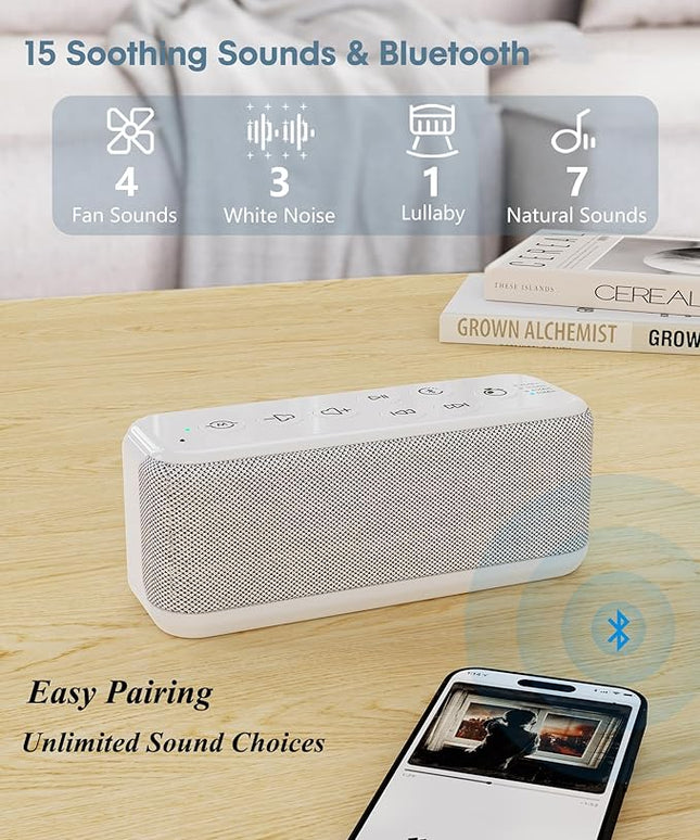 White Noise Sound Machine with Bluetooth,3000mAh Battery Powered,40H Long Lasting,Hi-Fi Audio,30/60/120m Timer,Wireless Portable Sleep Sound Machine for Adults/Baby,Type-C Rechargeable,Headphone Jack